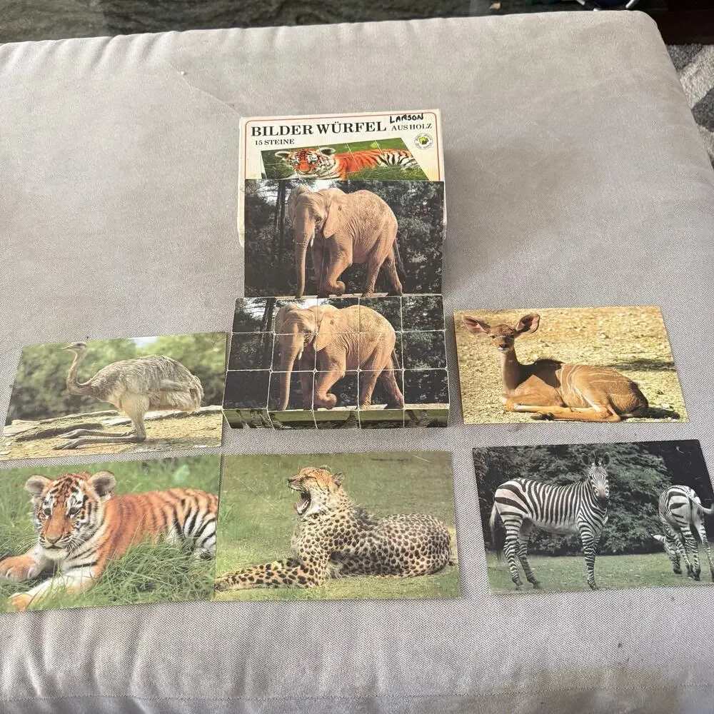Vintage Larsen Bilder Würfel Wooden Picture Cubes Zoo Animals 15 Blocks Germany